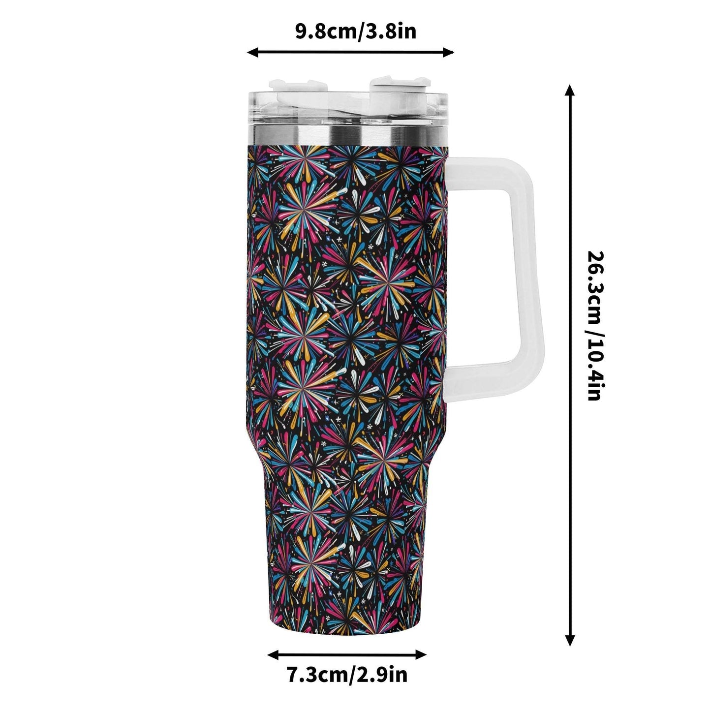 Colorful Fireworks 40oz Stainless Steel Tumbler Gift With White Handle and Straw - DeRose Seasonal