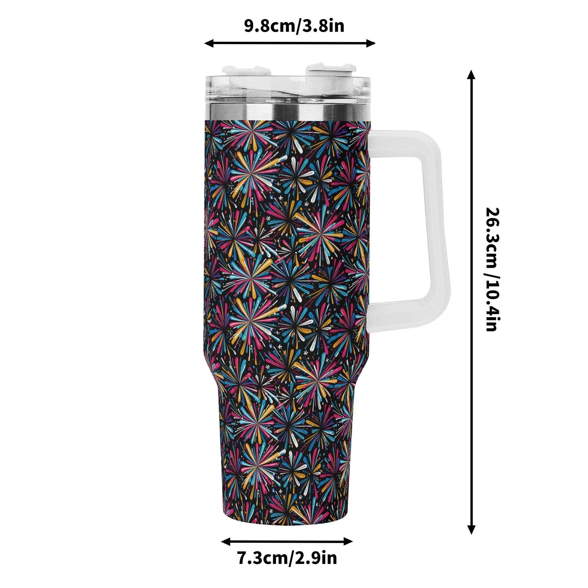 Colorful Fireworks 40oz Stainless Steel Tumbler Gift With White Handle and Straw - DeRose Seasonal