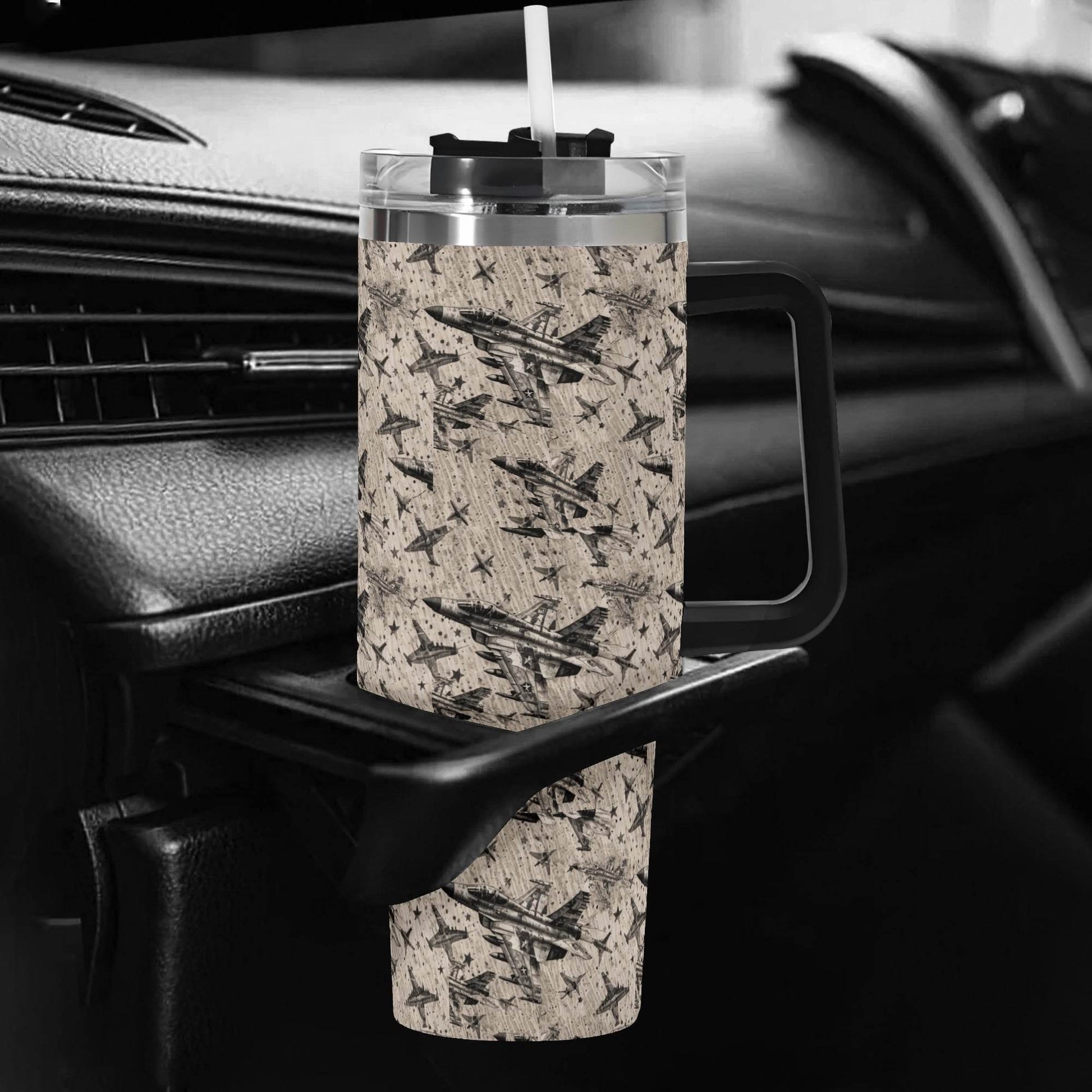 Abstract Jets 40oz Stainless Steel Tumbler Gift With Black Handle and Straw - DeRose Seasonal