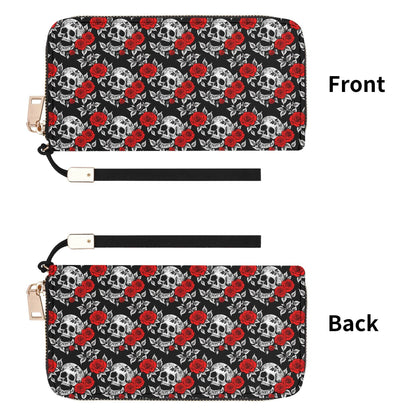 Red Skull Rose Women's Leather Zipper Wristlet Wallet - DeRose Seasonal