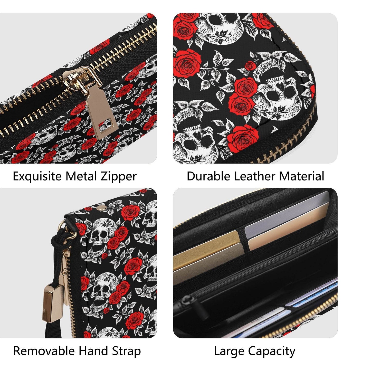 Red Skull Rose Women's Leather Zipper Wristlet Wallet - DeRose Seasonal