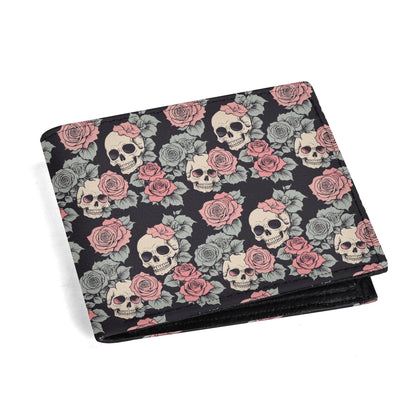 Skull and Pink Rose Leather Folded Men's Wallet - DeRose Seasonal