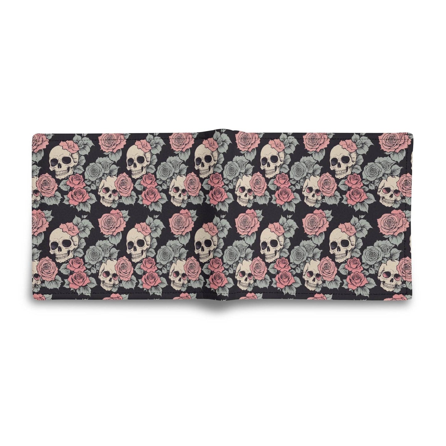 Skull and Pink Rose Leather Folded Men's Wallet - DeRose Seasonal
