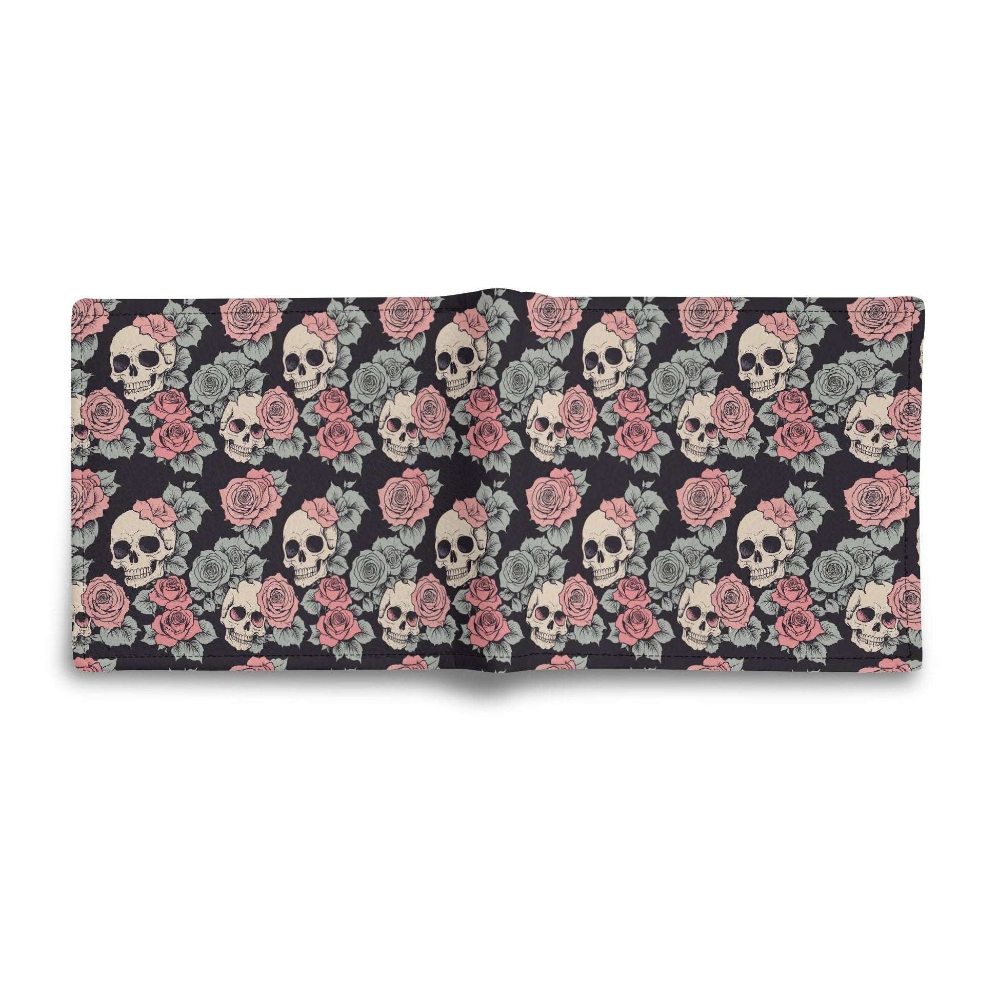 Skull and Pink Rose Leather Folded Men's Wallet - DeRose Seasonal