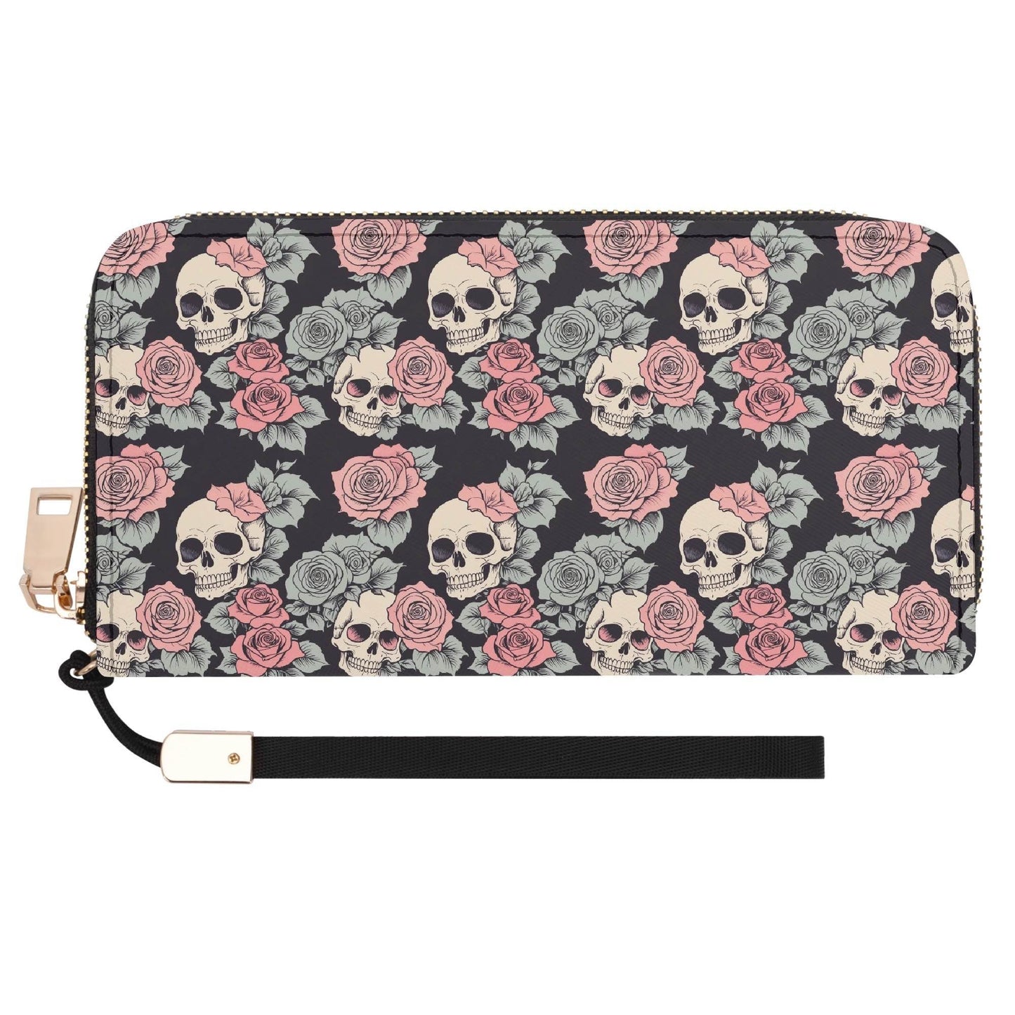 Skull and Pink Rose Women's Leather Zipper Wristlet Wallet - DeRose Seasonal