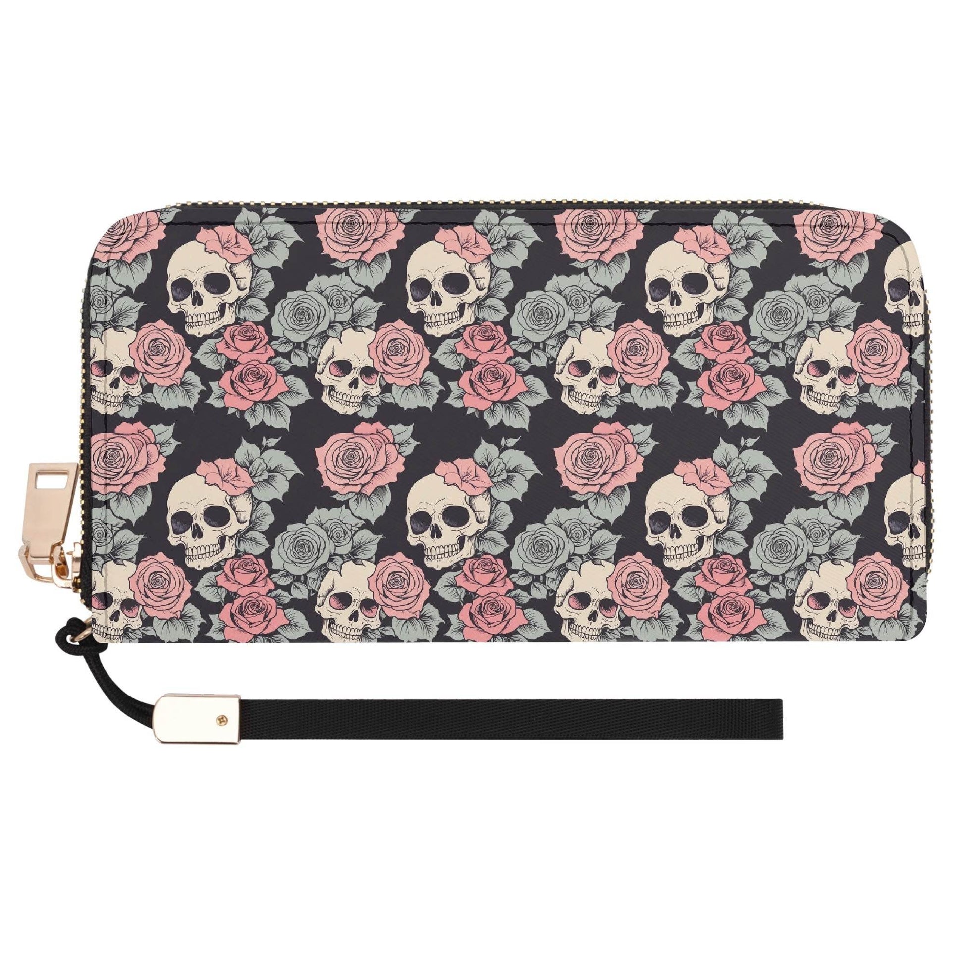 Skull and Pink Rose Women's Leather Zipper Wristlet Wallet - DeRose Seasonal