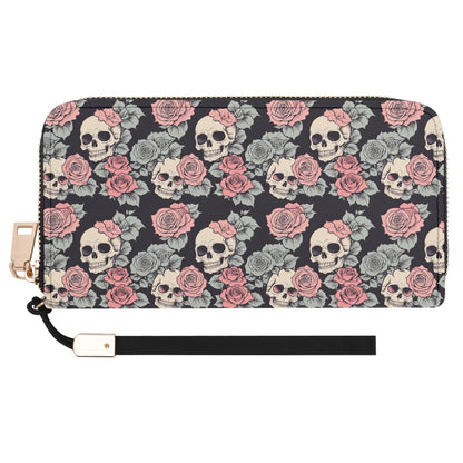 Skull and Pink Rose Women's Leather Zipper Wristlet Wallet - DeRose Seasonal