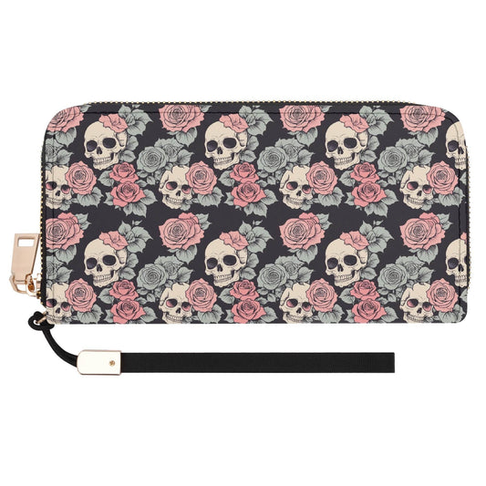 Skull and Pink Rose Women's Leather Zipper Wristlet Wallet - DeRose Seasonal