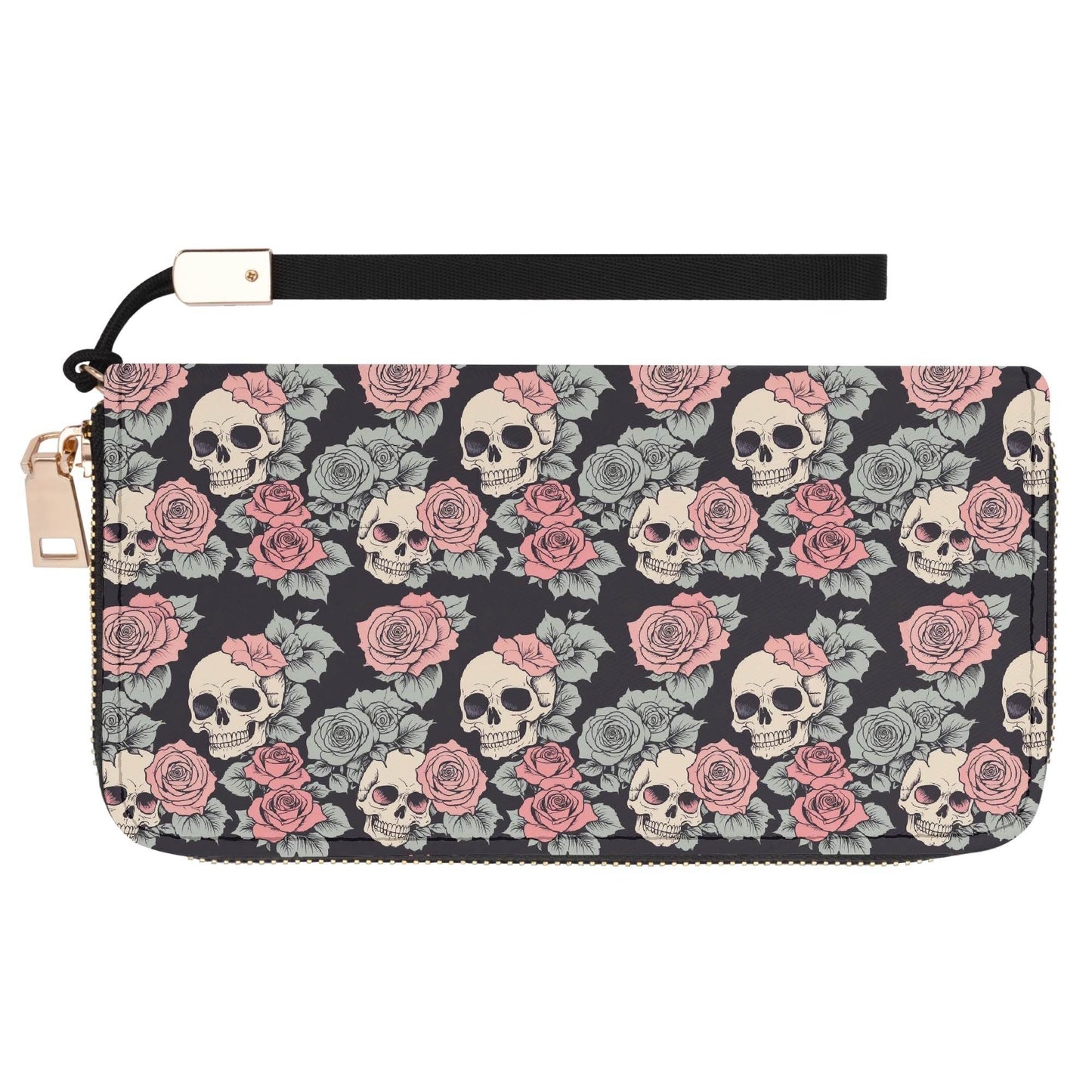 Skull and Pink Rose Women's Leather Zipper Wristlet Wallet - DeRose Seasonal