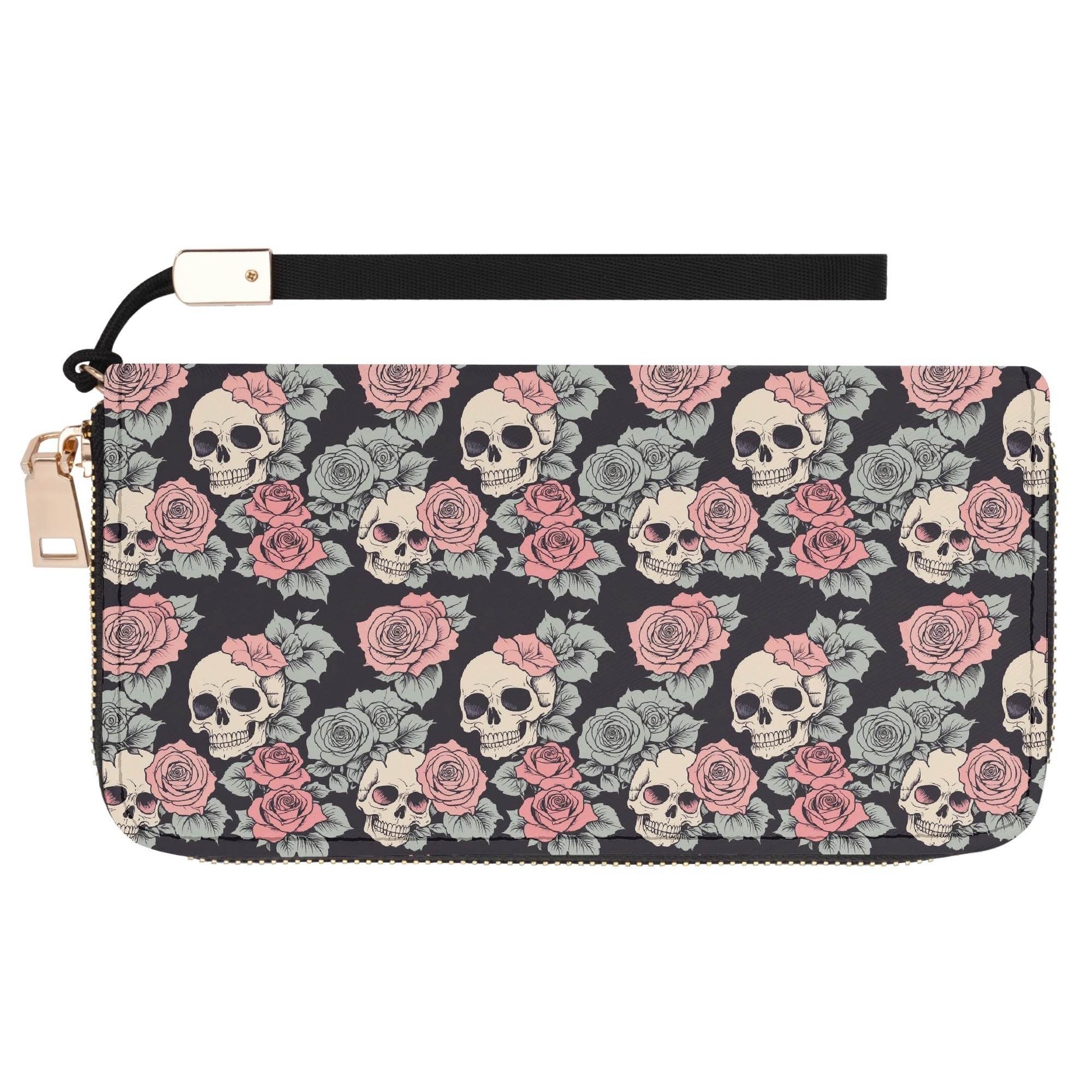 Skull and Pink Rose Women's Leather Zipper Wristlet Wallet - DeRose Seasonal