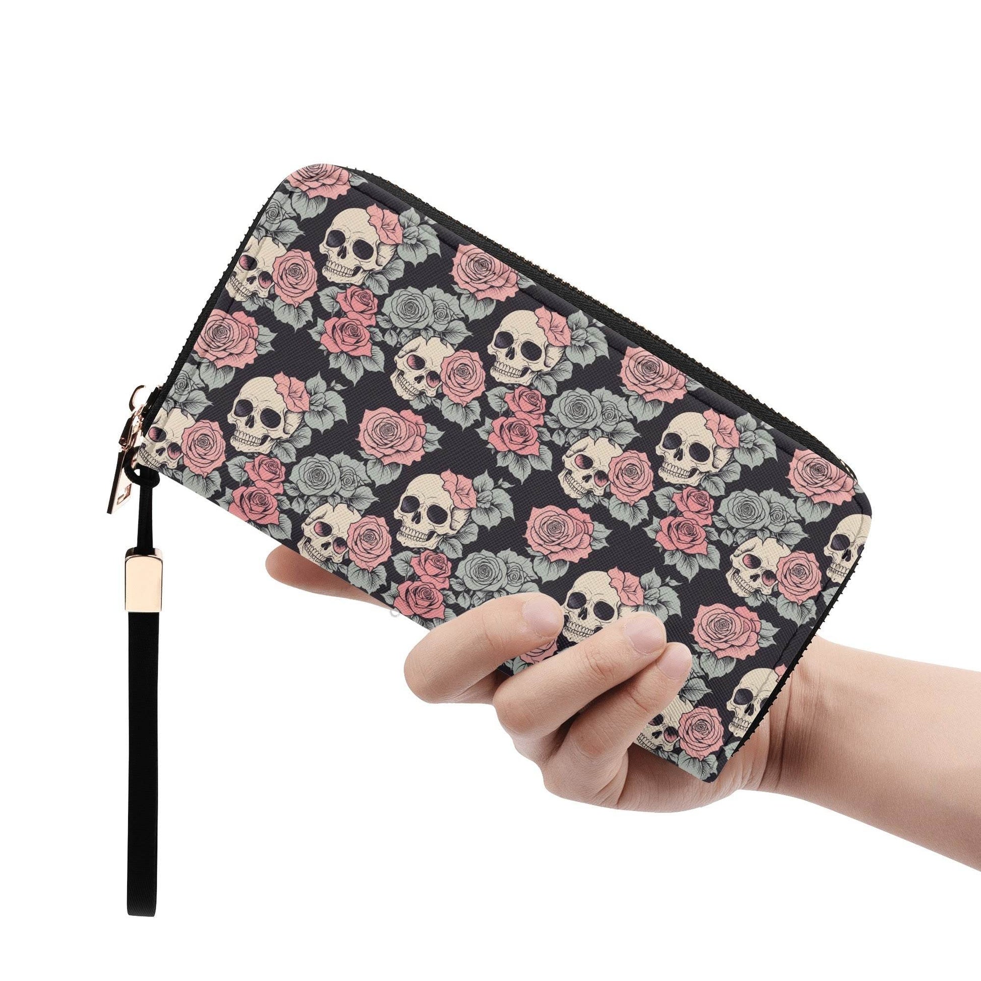 Skull and Pink Rose Women's Leather Zipper Wristlet Wallet - DeRose Seasonal