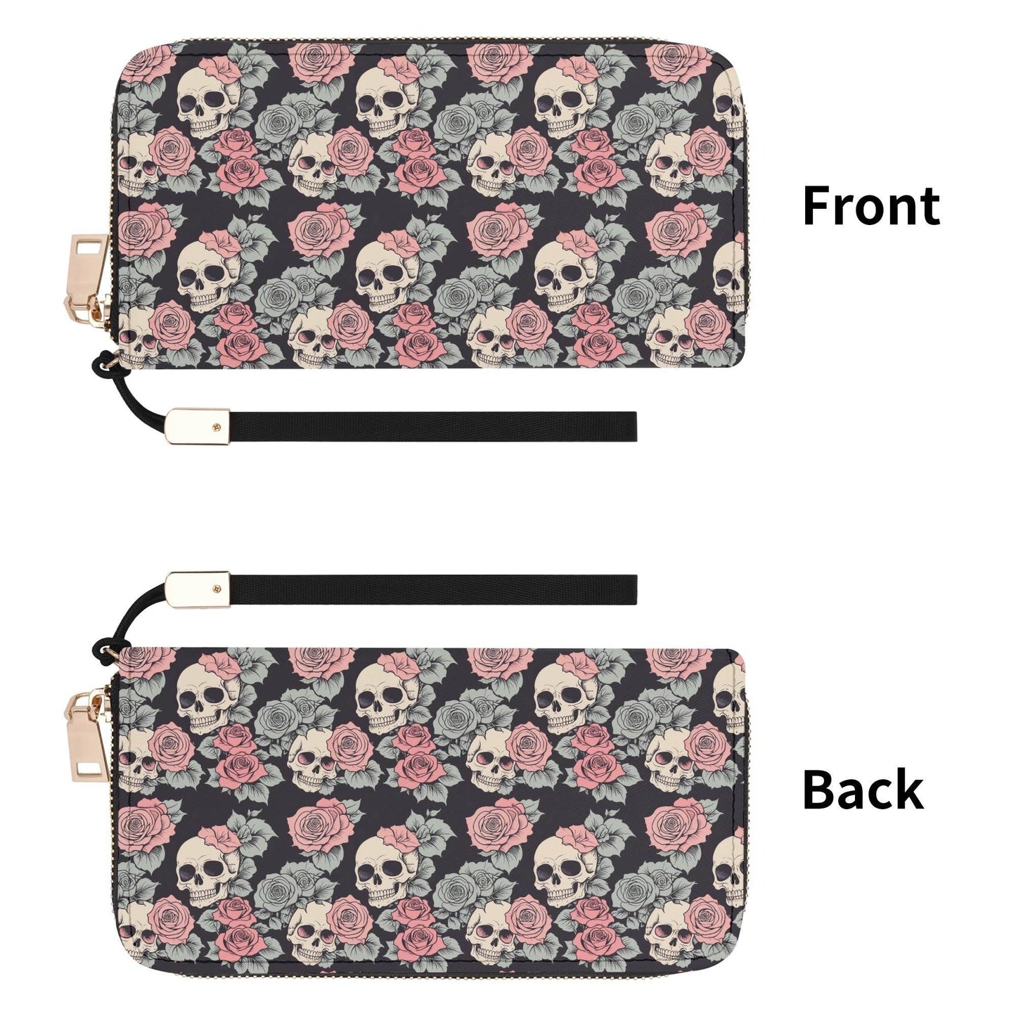 Skull and Pink Rose Women's Leather Zipper Wristlet Wallet - DeRose Seasonal