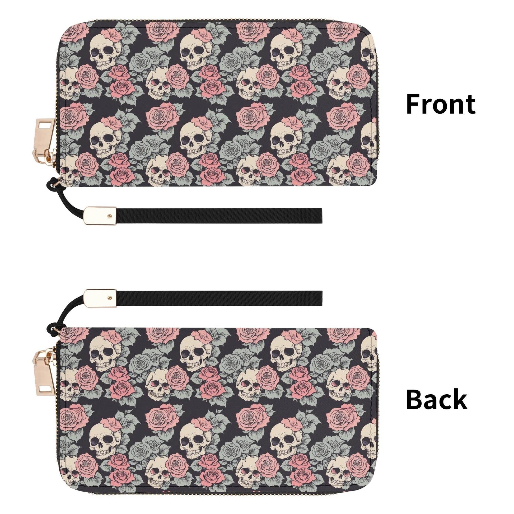 Skull and Pink Rose Women's Leather Zipper Wristlet Wallet - DeRose Seasonal