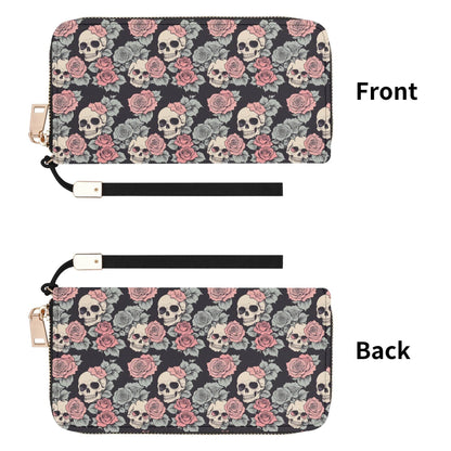 Skull and Pink Rose Women's Leather Zipper Wristlet Wallet - DeRose Seasonal