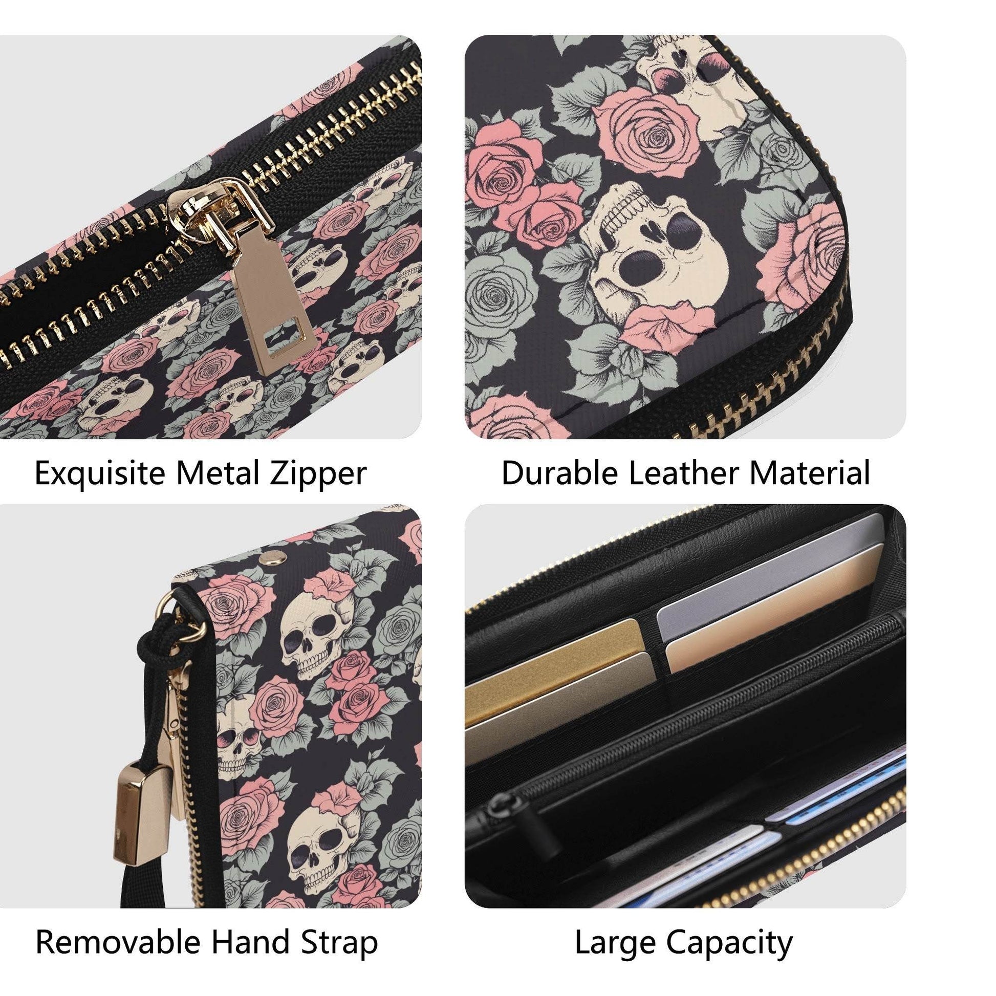 Skull and Pink Rose Women's Leather Zipper Wristlet Wallet - DeRose Seasonal