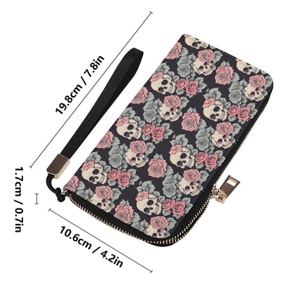 Skull and Pink Rose Women's Leather Zipper Wristlet Wallet - DeRose Seasonal