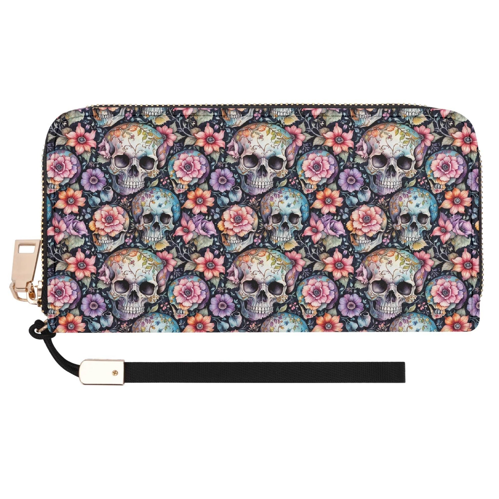 Pastel Floral and Skulls Women's Leather Zipper Wristlet Wallet - DeRose Seasonal