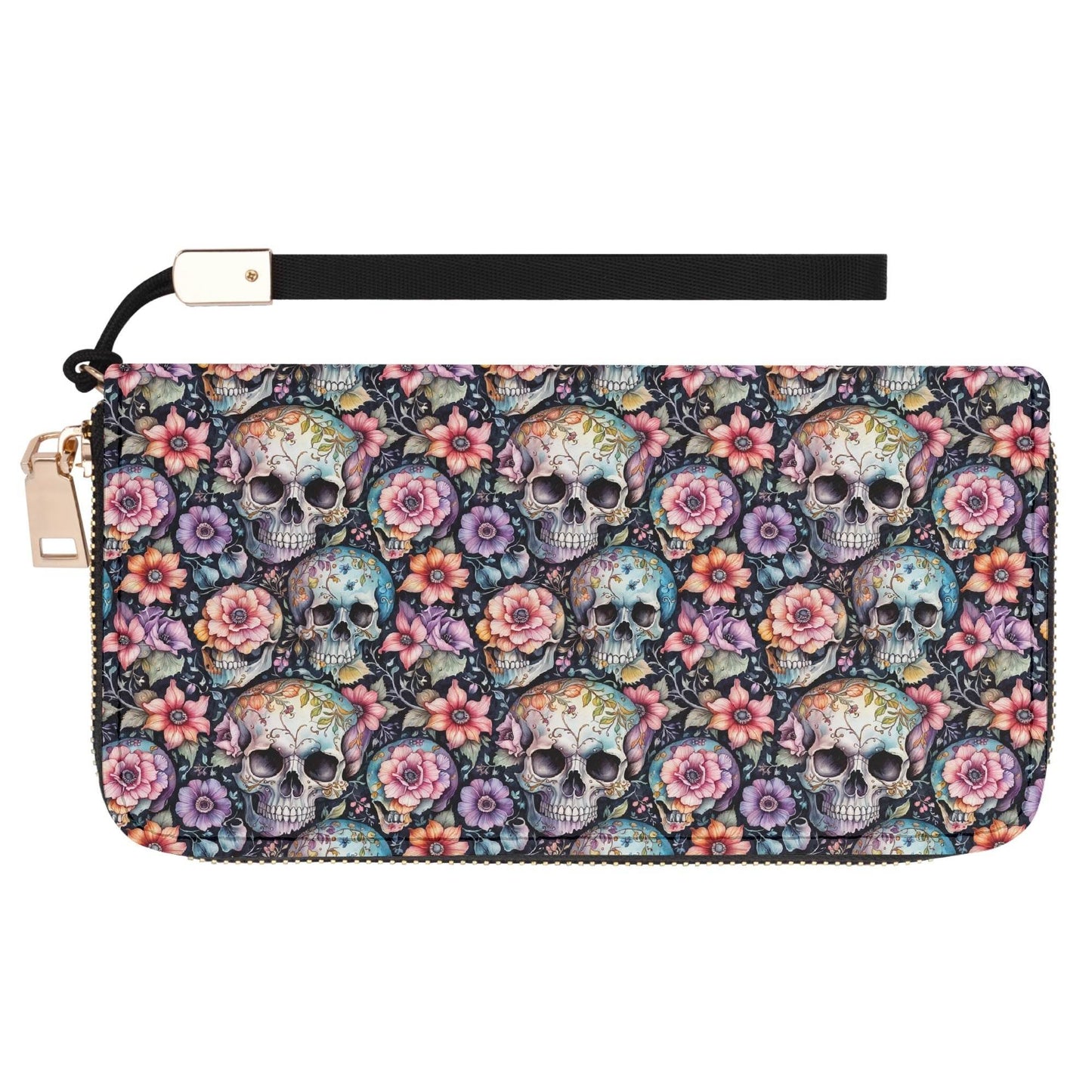 Pastel Floral and Skulls Women's Leather Zipper Wristlet Wallet - DeRose Seasonal