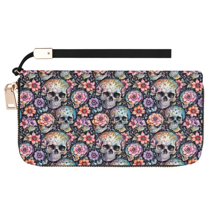Pastel Floral and Skulls Women's Leather Zipper Wristlet Wallet - DeRose Seasonal