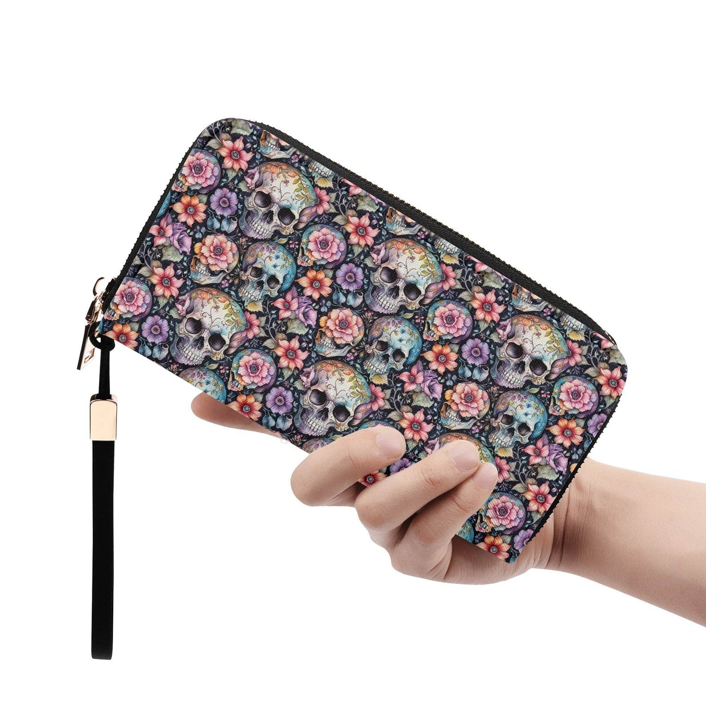 Pastel Floral and Skulls Women's Leather Zipper Wristlet Wallet - DeRose Seasonal