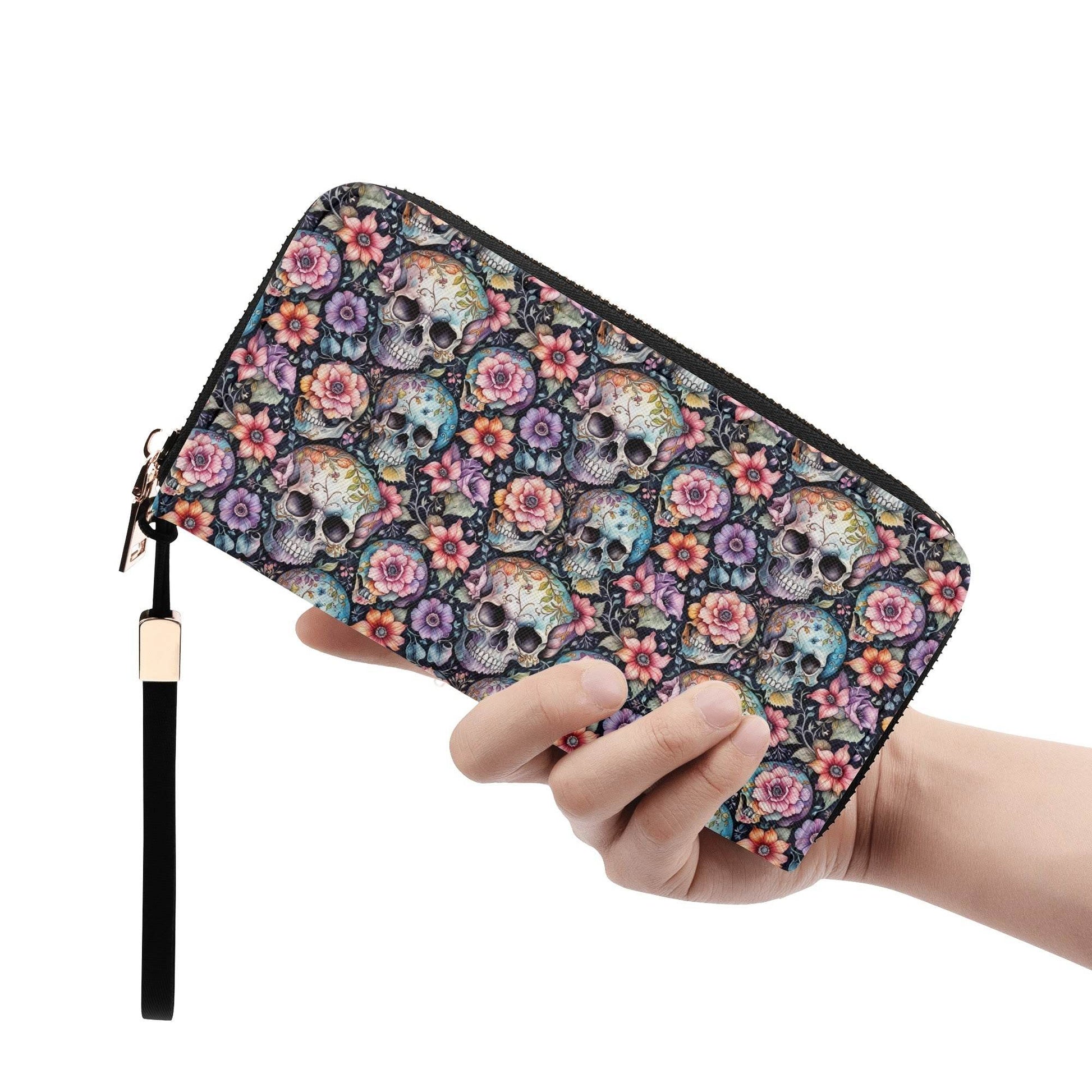 Pastel Floral and Skulls Women's Leather Zipper Wristlet Wallet - DeRose Seasonal