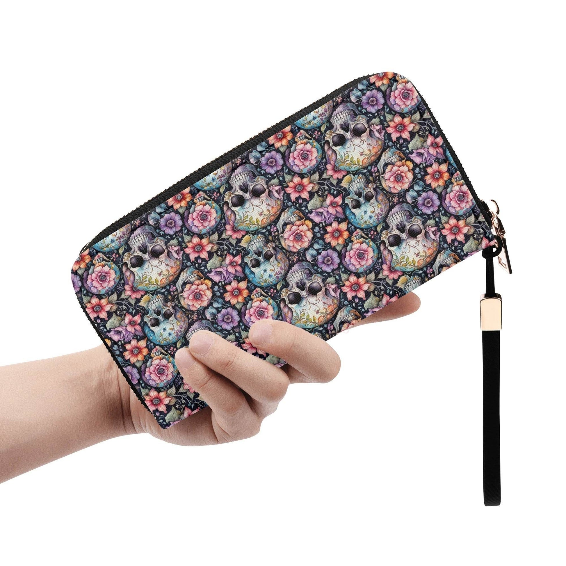 Pastel Floral and Skulls Women's Leather Zipper Wristlet Wallet - DeRose Seasonal