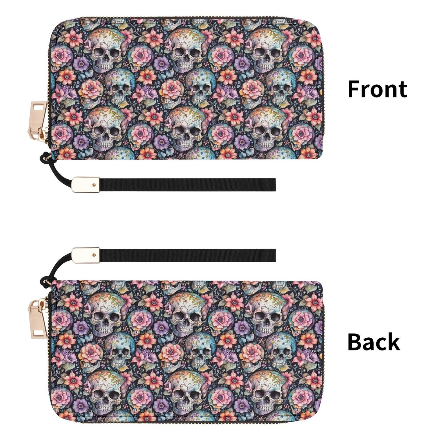 Pastel Floral and Skulls Women's Leather Zipper Wristlet Wallet - DeRose Seasonal