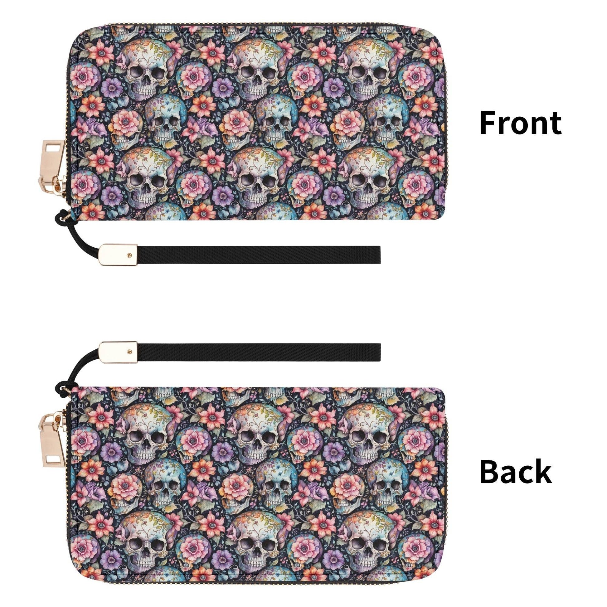 Pastel Floral and Skulls Women's Leather Zipper Wristlet Wallet - DeRose Seasonal