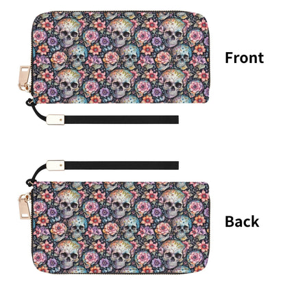 Pastel Floral and Skulls Women's Leather Zipper Wristlet Wallet - DeRose Seasonal