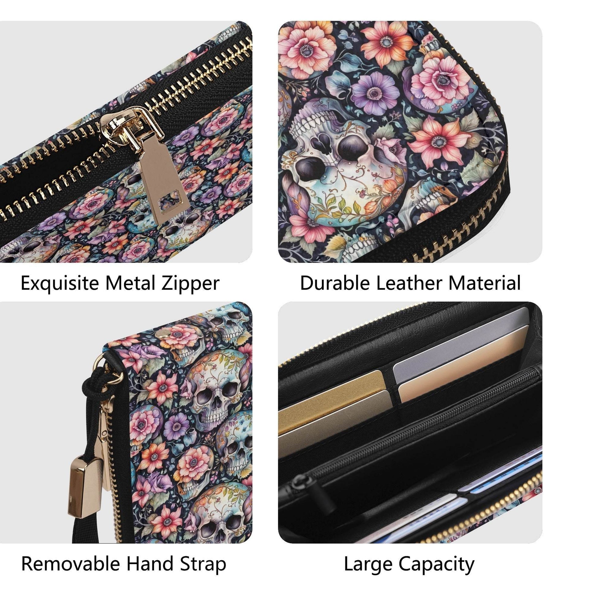 Pastel Floral and Skulls Women's Leather Zipper Wristlet Wallet - DeRose Seasonal