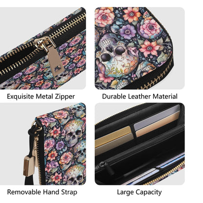 Pastel Floral and Skulls Women's Leather Zipper Wristlet Wallet - DeRose Seasonal