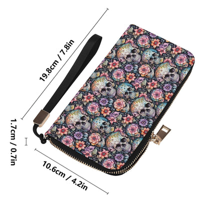 Pastel Floral and Skulls Women's Leather Zipper Wristlet Wallet - DeRose Seasonal