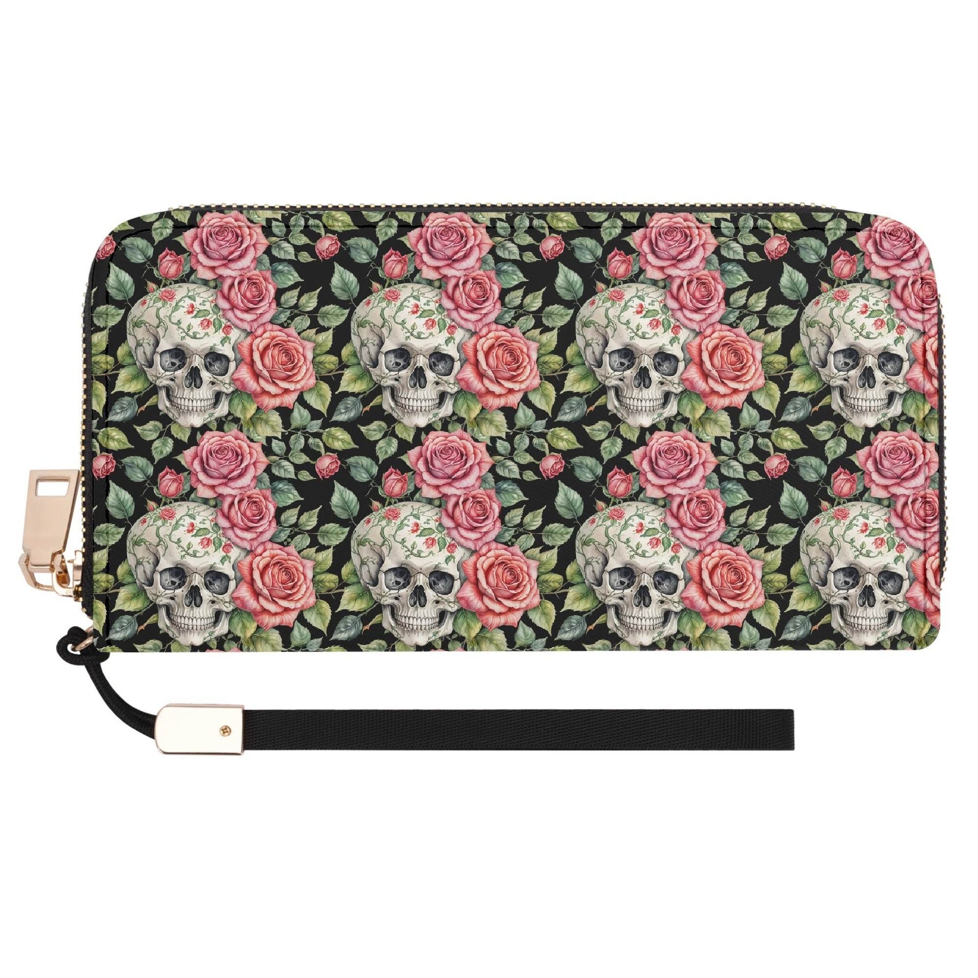 Pink Skulls Women's Leather Zipper Wristlet Wallet - DeRose Seasonal