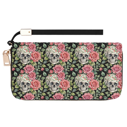 Pink Skulls Women's Leather Zipper Wristlet Wallet - DeRose Seasonal