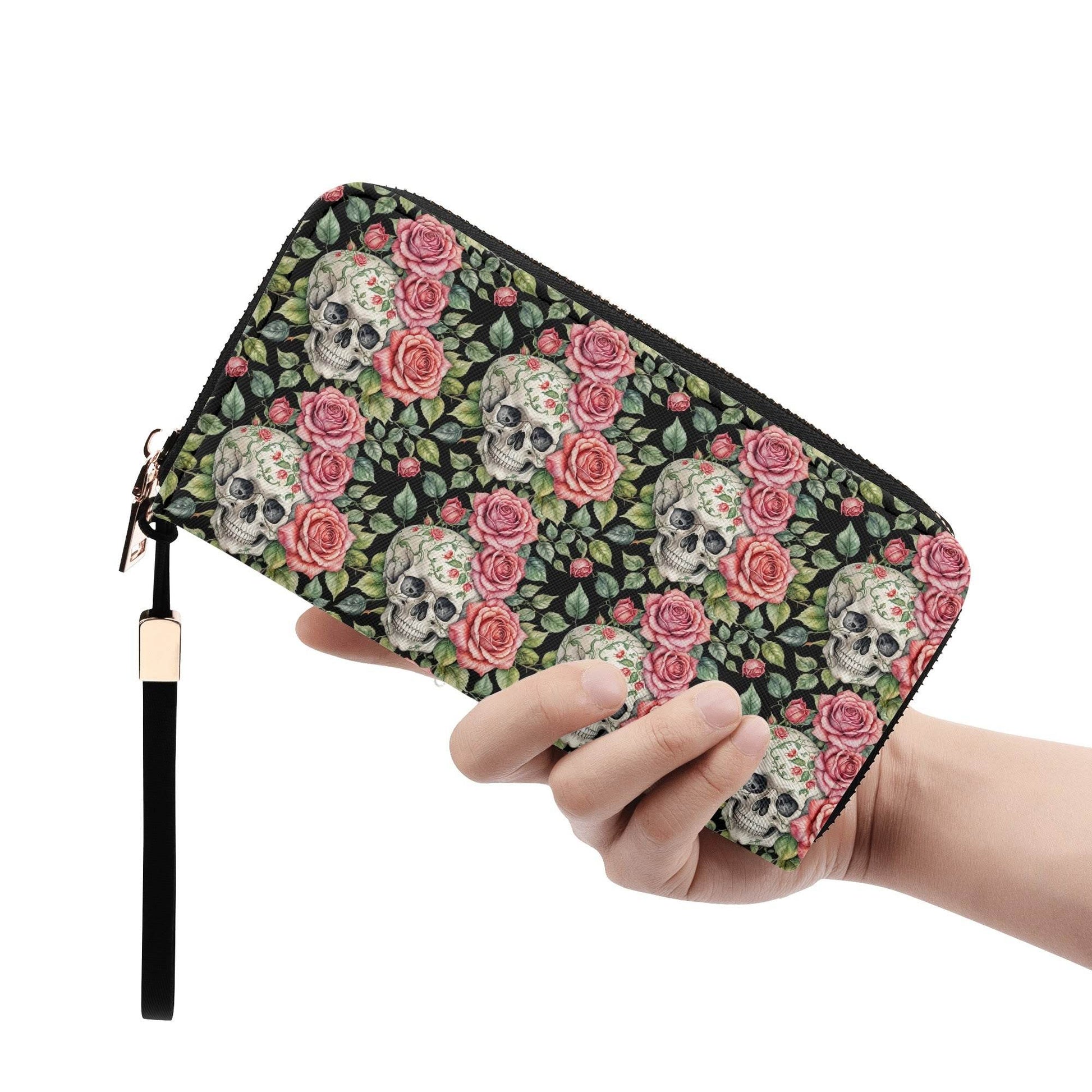 Pink Skulls Women's Leather Zipper Wristlet Wallet - DeRose Seasonal