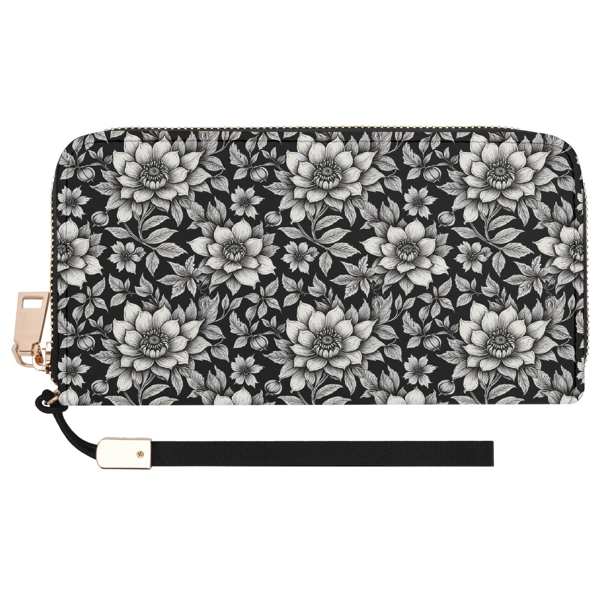Black and White Bloom Women's Leather Zipper Wristlet Wallet - DeRose Seasonal