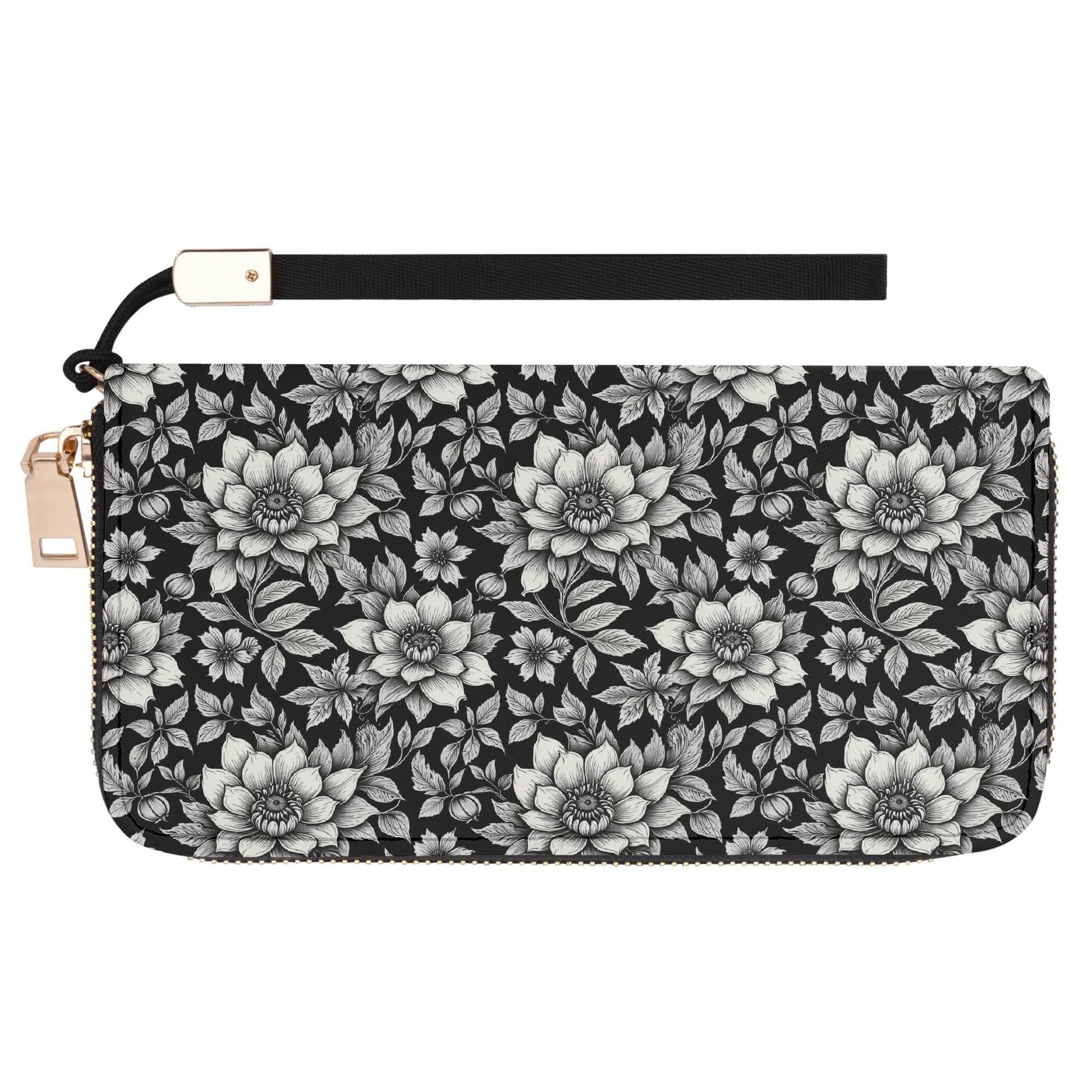 Black and White Bloom Women's Leather Zipper Wristlet Wallet - DeRose Seasonal