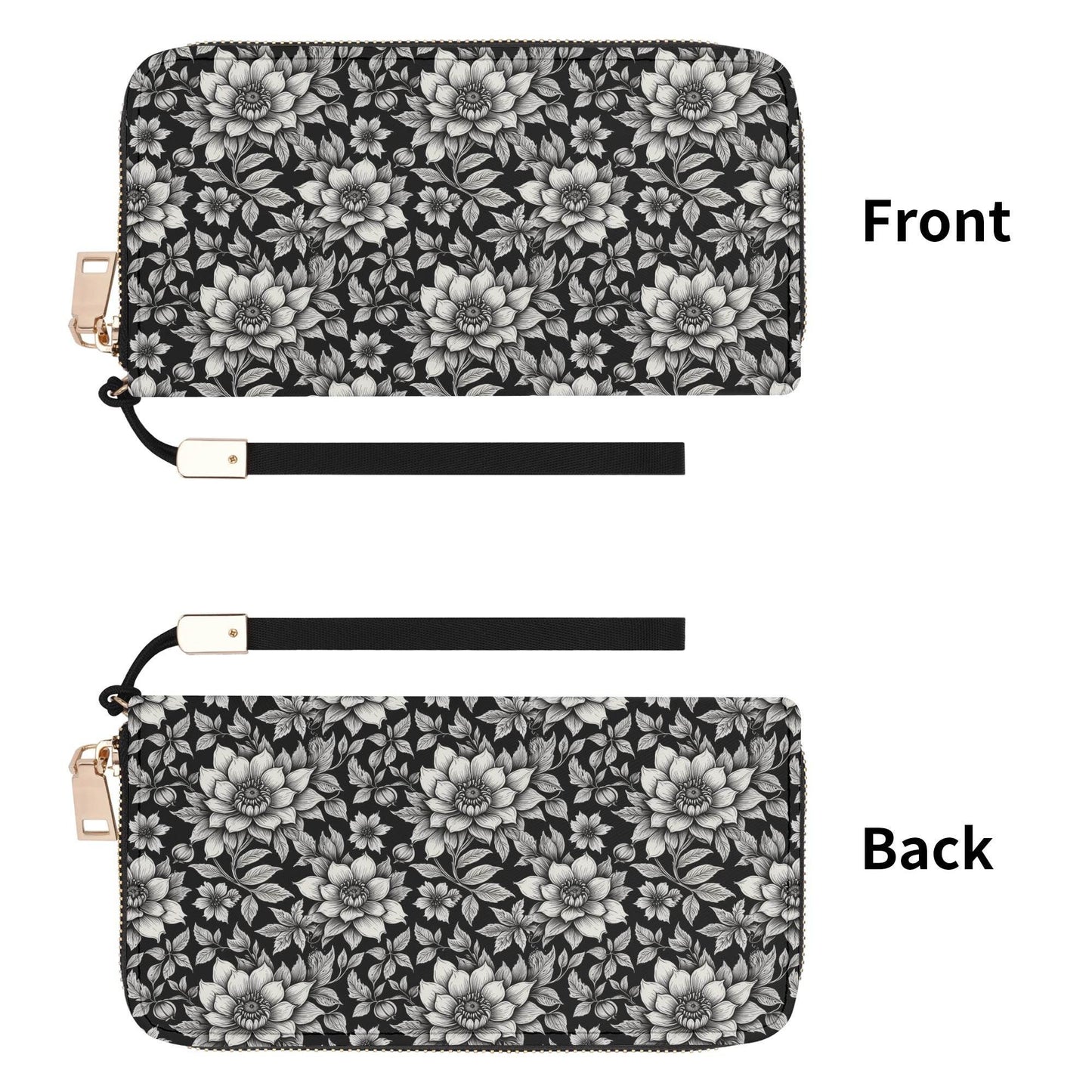 Black and White Bloom Women's Leather Zipper Wristlet Wallet - DeRose Seasonal