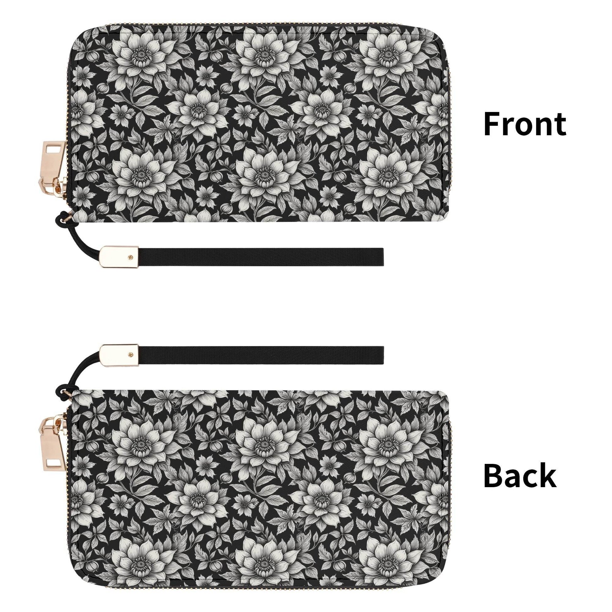 Black and White Bloom Women's Leather Zipper Wristlet Wallet - DeRose Seasonal