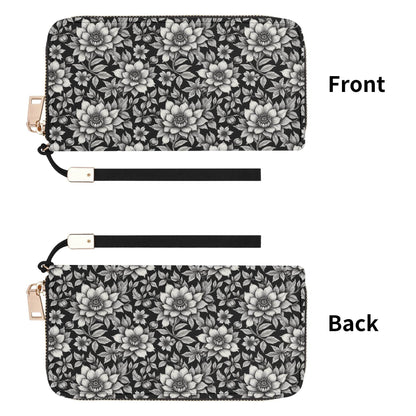 Black and White Bloom Women's Leather Zipper Wristlet Wallet - DeRose Seasonal