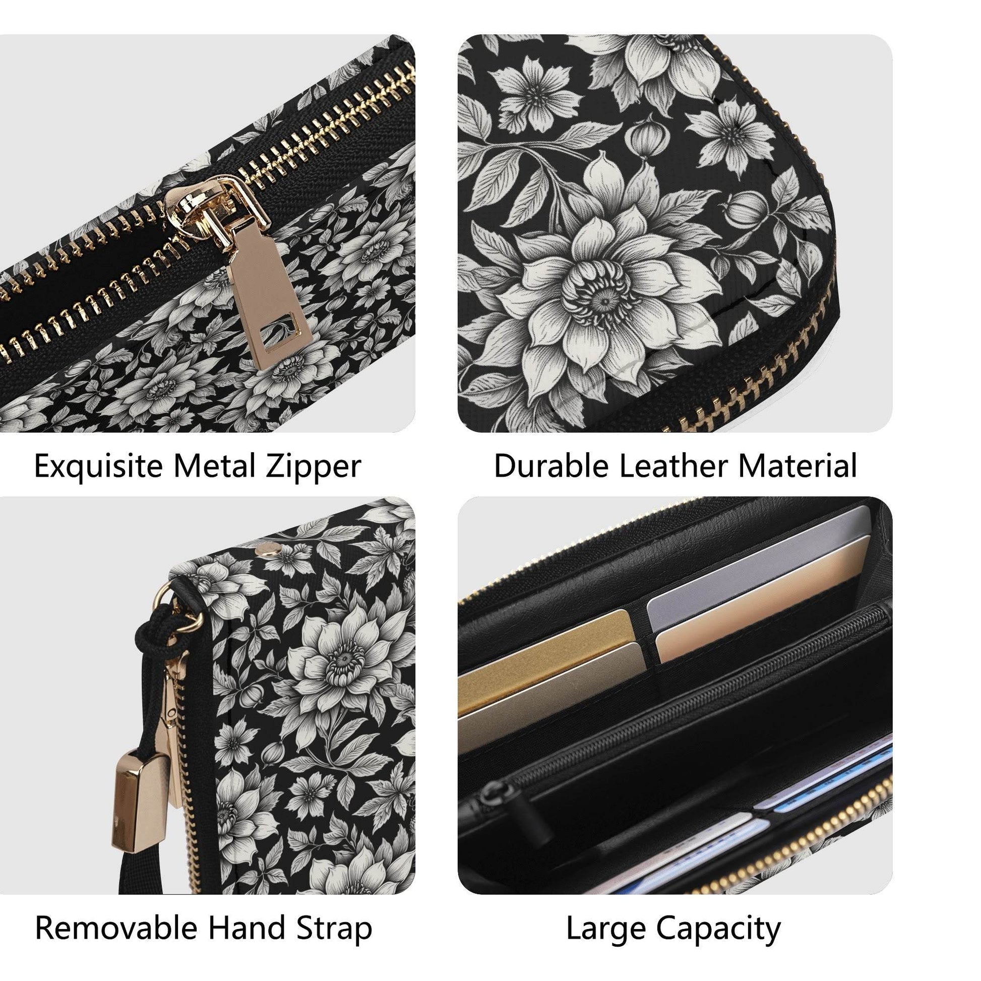 Black and White Bloom Women's Leather Zipper Wristlet Wallet - DeRose Seasonal