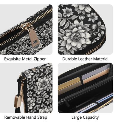 Black and White Bloom Women's Leather Zipper Wristlet Wallet - DeRose Seasonal