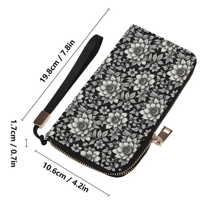 Black and White Bloom Women's Leather Zipper Wristlet Wallet - DeRose Seasonal