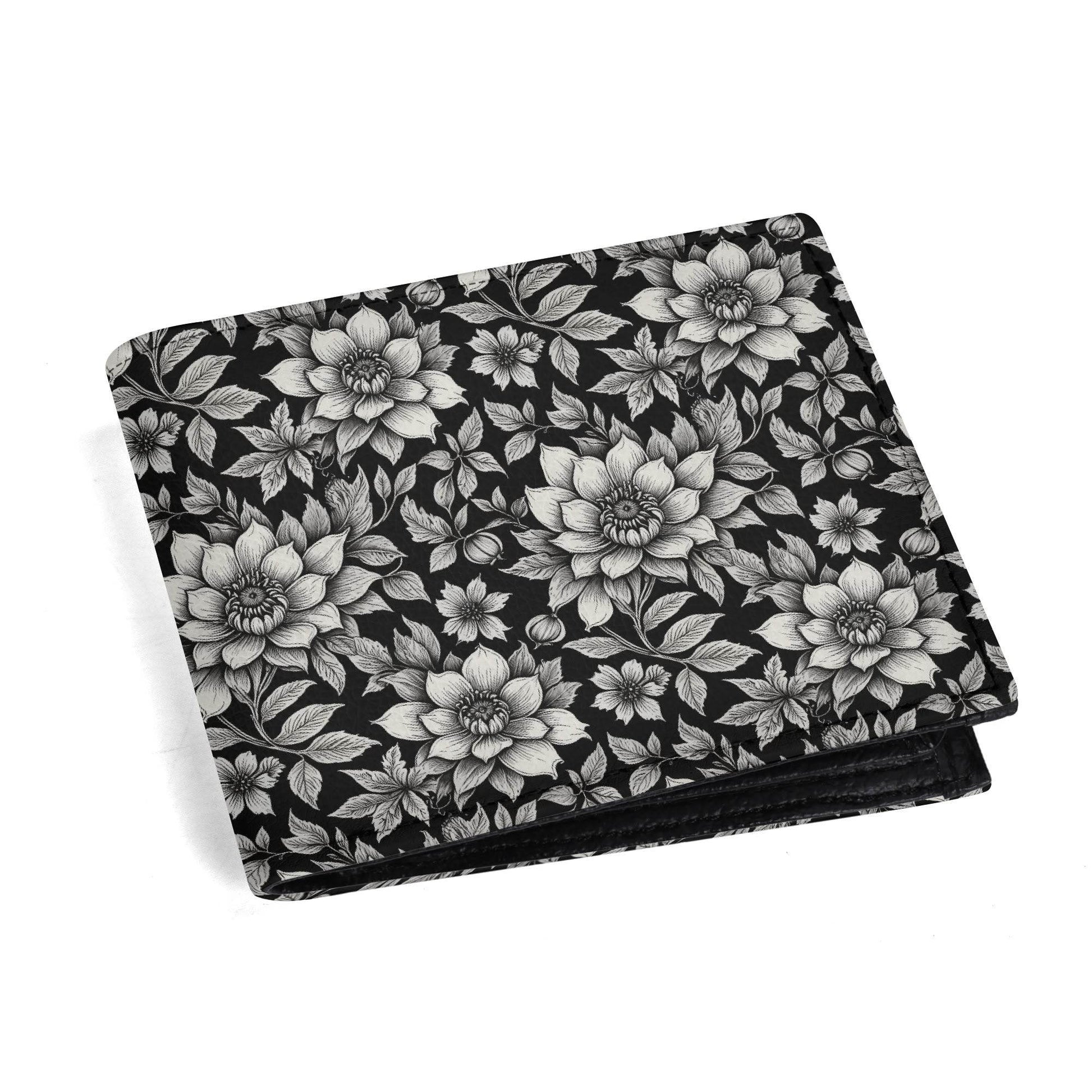 Black and White Bloom Leather Folded Men's Wallet - DeRose Seasonal