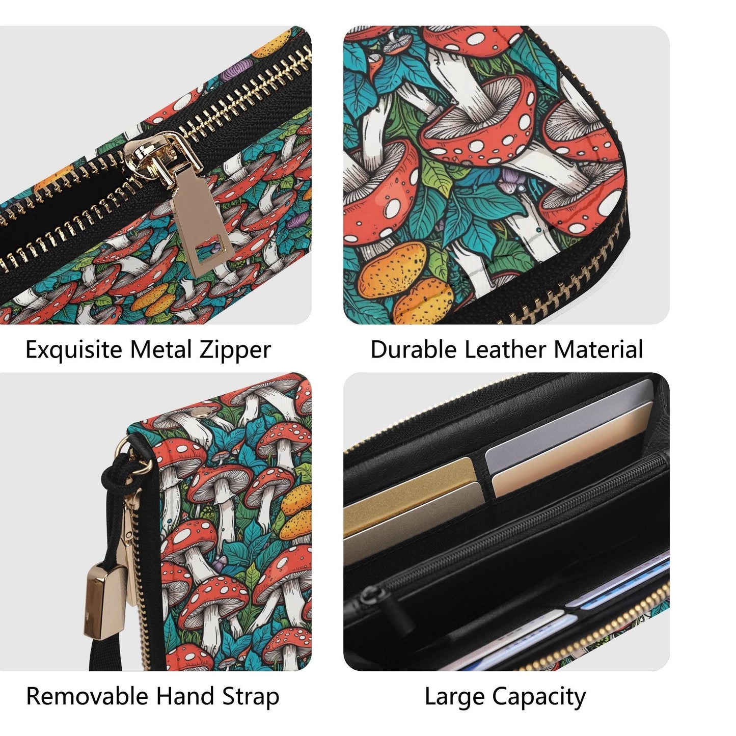 Colored Mushroom Women's Leather Zipper Wristlet Wallet - DeRose Seasonal