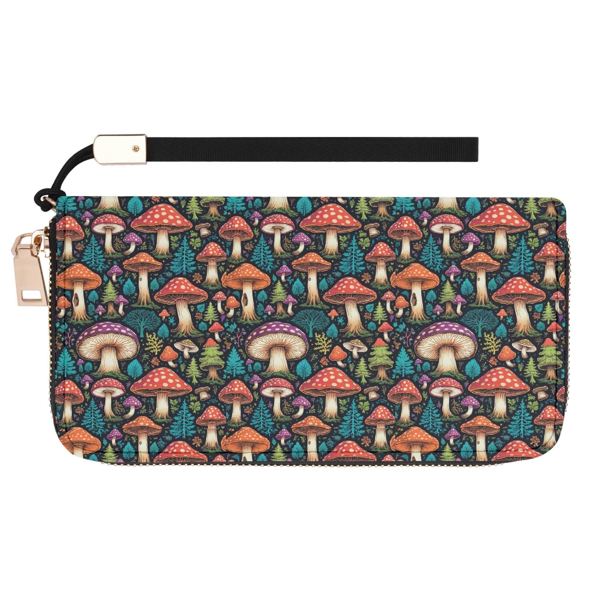 Forest Mushroom Women's Leather Zipper Wristlet Wallet - DeRose Seasonal