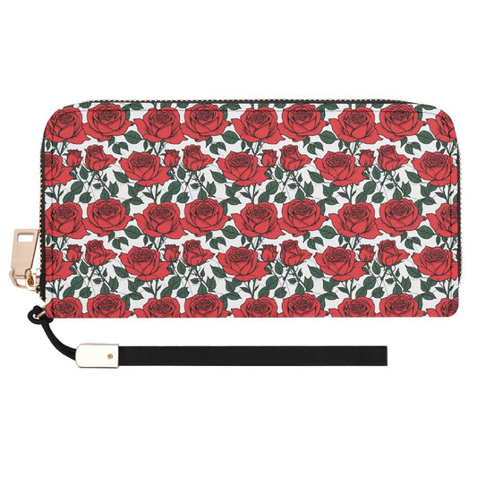 Red Leafy Roses Women's Leather Zipper Wristlet Wallet - DeRose Seasonal