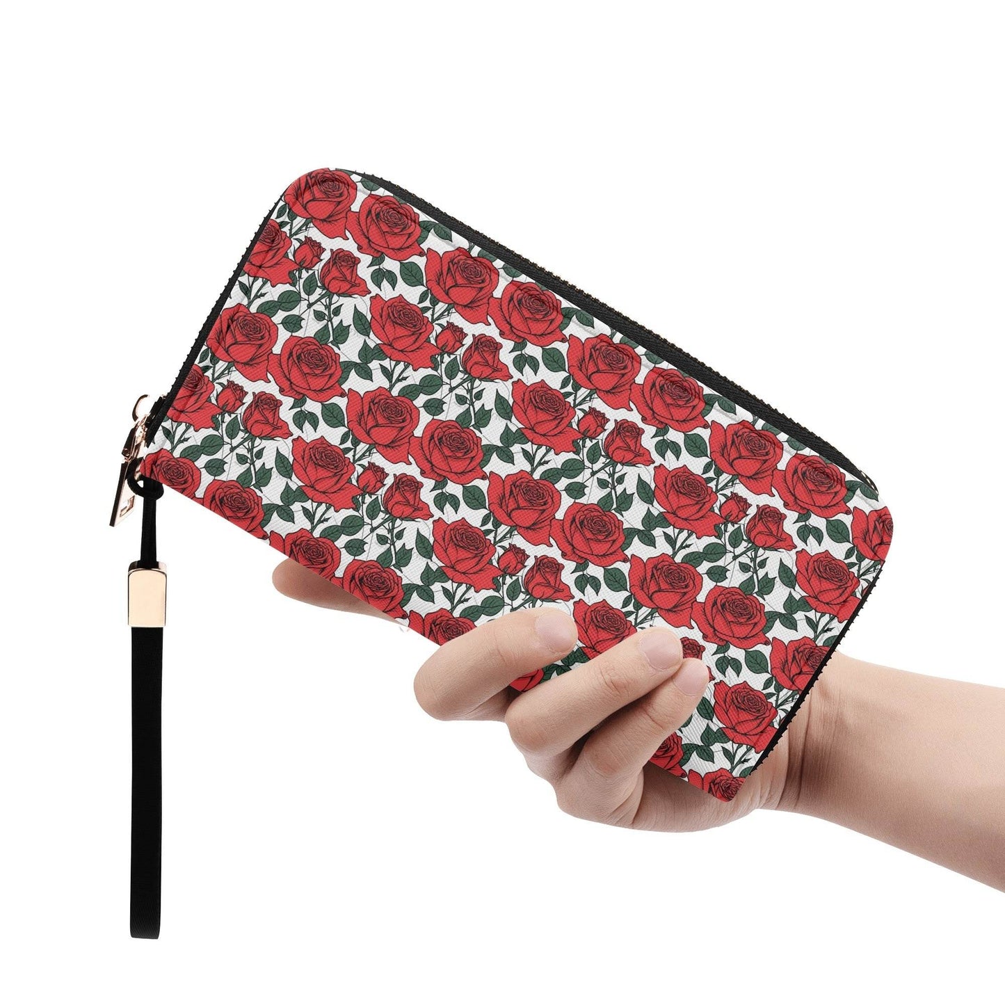 Red Leafy Roses Women's Leather Zipper Wristlet Wallet - DeRose Seasonal
