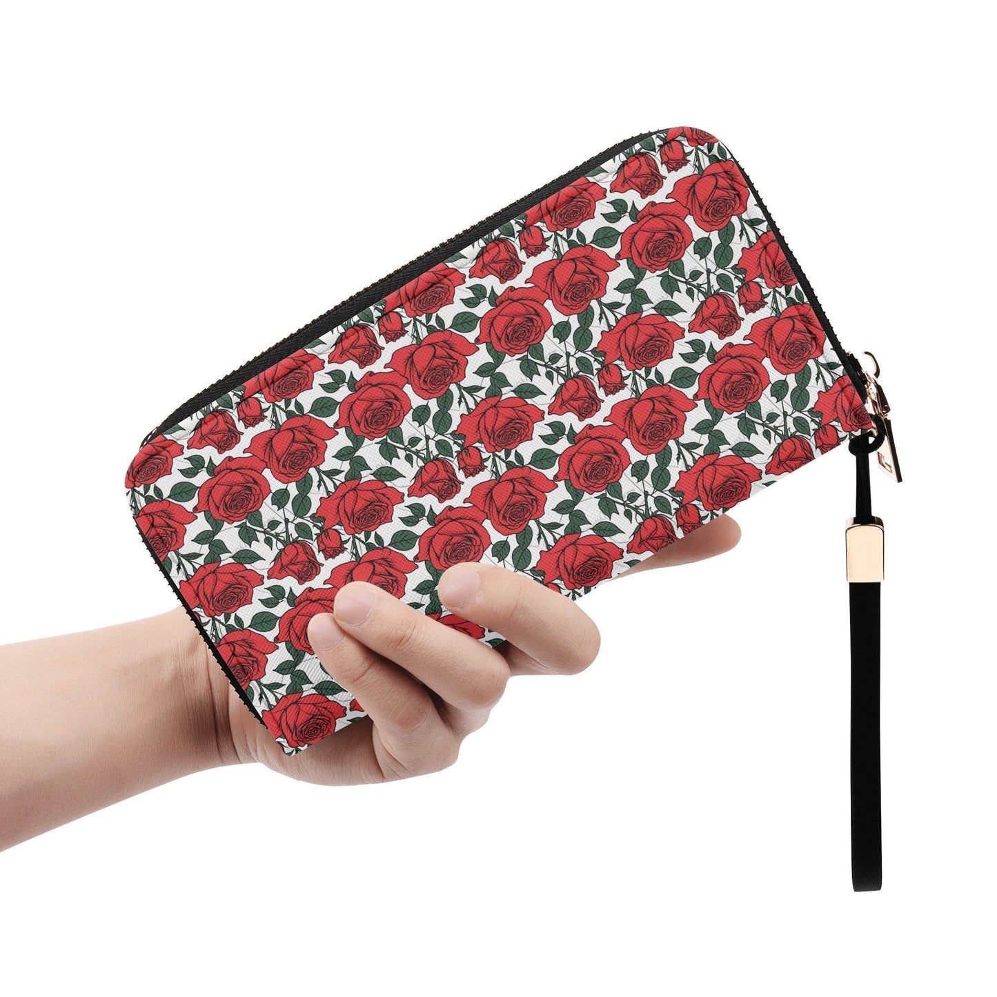 Red Leafy Roses Women's Leather Zipper Wristlet Wallet - DeRose Seasonal