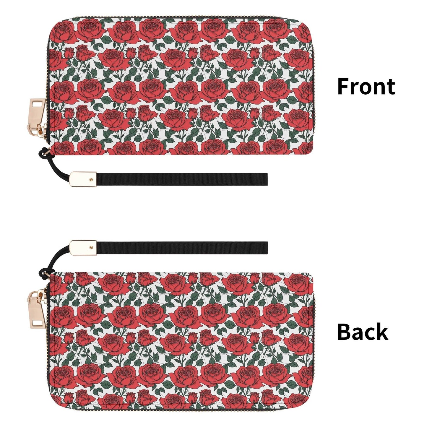 Red Leafy Roses Women's Leather Zipper Wristlet Wallet - DeRose Seasonal